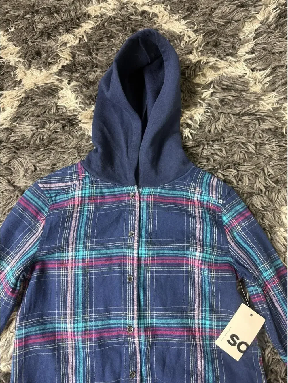 SO Goods For Life Plaid Flannel Shirt Girls Size Small 7 Blue Hooded Button Up